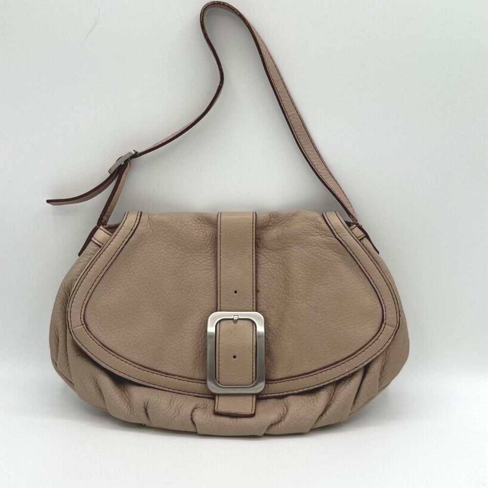 Cole Haan Luna Pebble Leather Adustable Shoulder Bag Tan Buckle Flap Boho Career